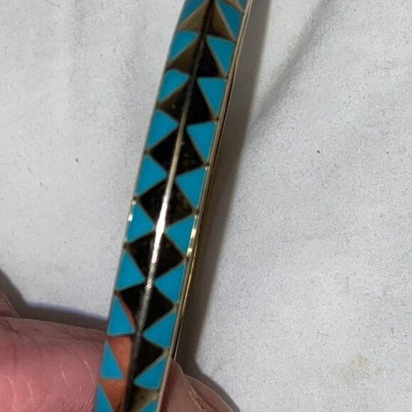 Turquoise & Gold Tone Hinged Bangle Bracelet - Picture 6 of 9